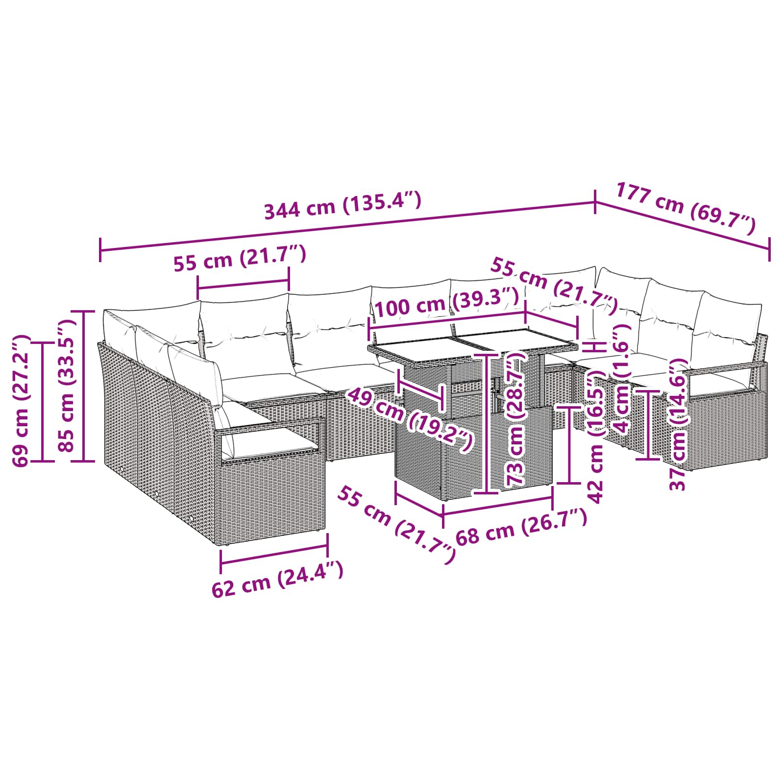 Garten-Sofa-Set 11 pcs Grau und Marineblau Poly-Rattan