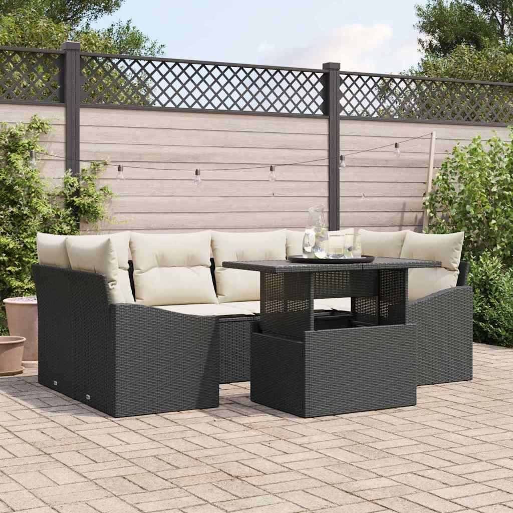 Garten-Sofa-Set mit Kissen 7 pcs Schwarz und Creme Poly-Rattan
