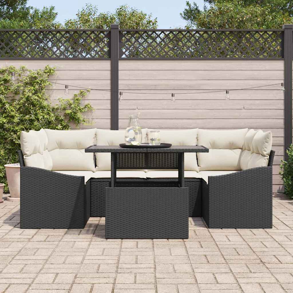 Garten-Sofa-Set mit Kissen 7 pcs Schwarz und Creme Poly-Rattan