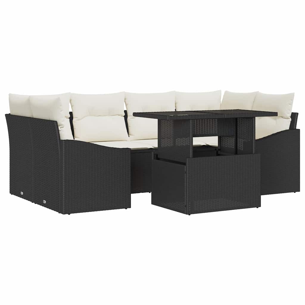 Garten-Sofa-Set mit Kissen 7 pcs Schwarz und Creme Poly-Rattan