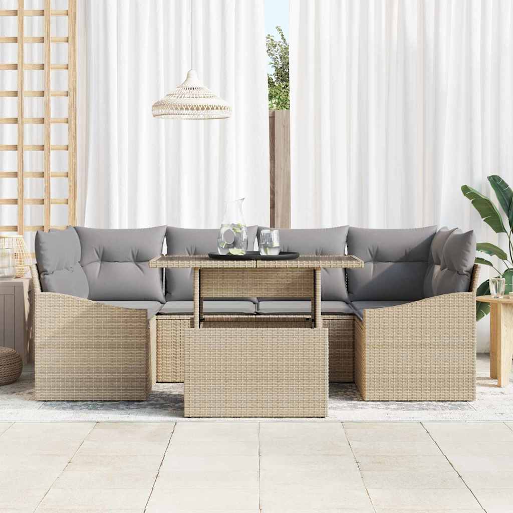Garten-Sofa-Set mit Kissen 7 pcs Beige und Hellgrau Poly-Rattan