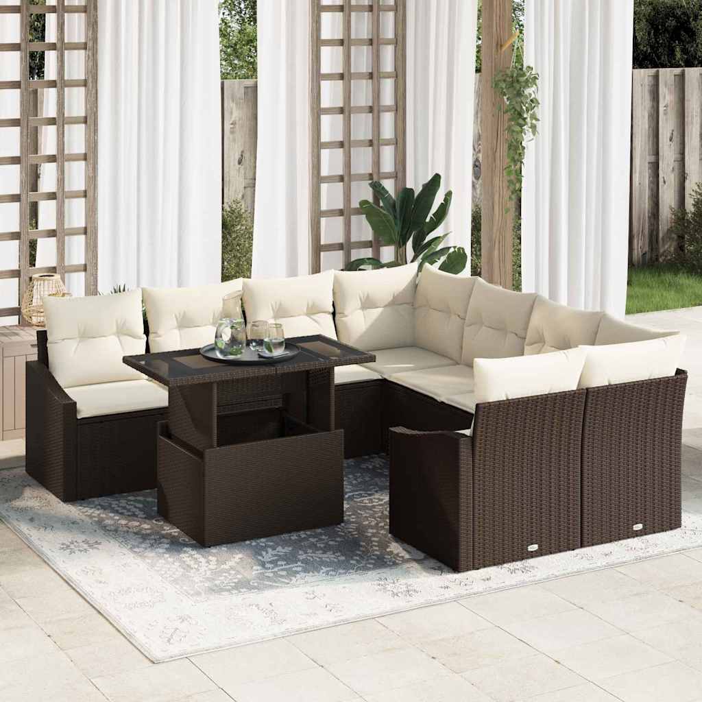 Gartensofa-set mit Kissen 9 pcs Braun und Creme Poly-Rattan
