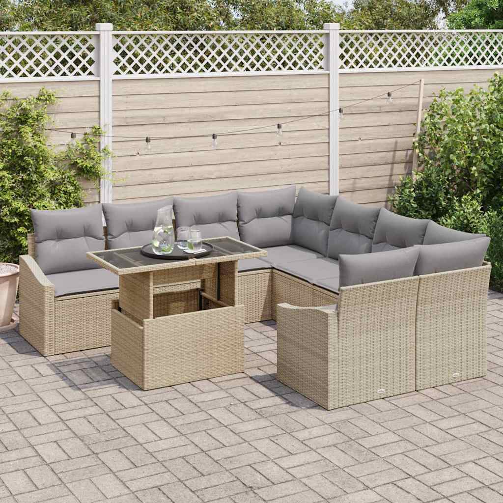 Gartensofa-set mit Kissen 9 pcs Beige und Hellgrau Poly-Rattan