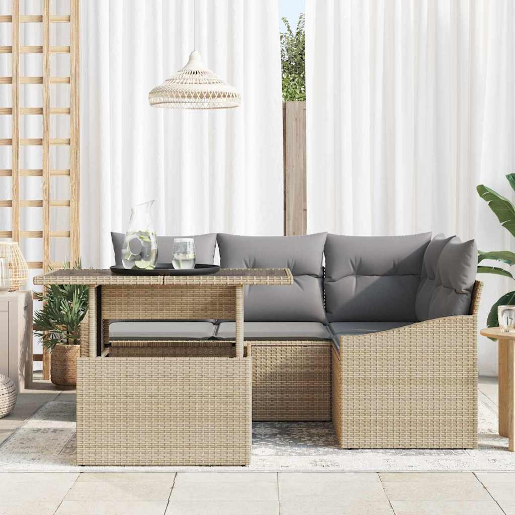Gartensofa-set mit Kissen 5 pcs Beige und Hellgrau Poly-Rattan