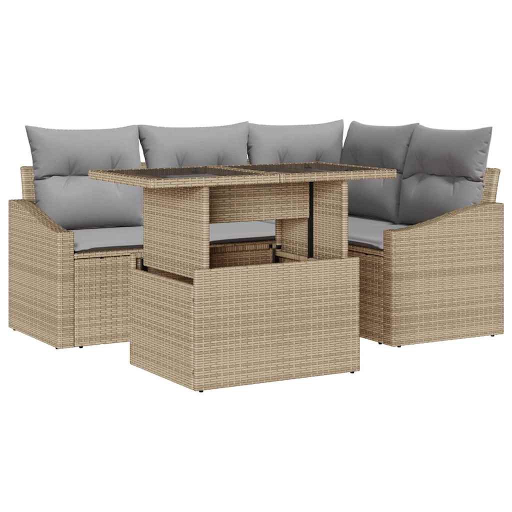 Gartensofa-set mit Kissen 5 pcs Beige und Hellgrau Poly-Rattan