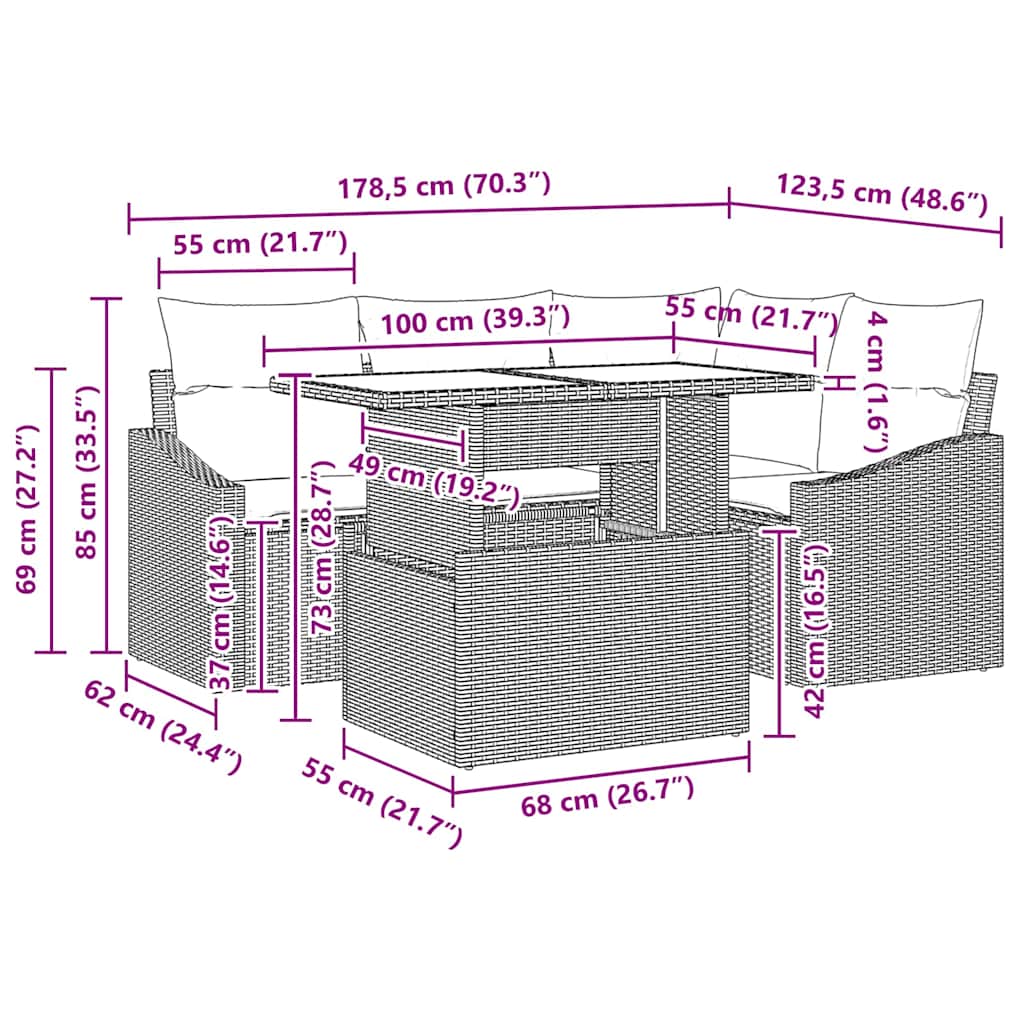 Gartensofa-set mit Kissen 5 pcs Beige und Hellgrau Poly-Rattan