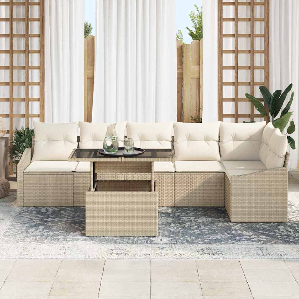Gartensofa-set mit Kissen 7 pcs Beige und Creme Poly-Rattan