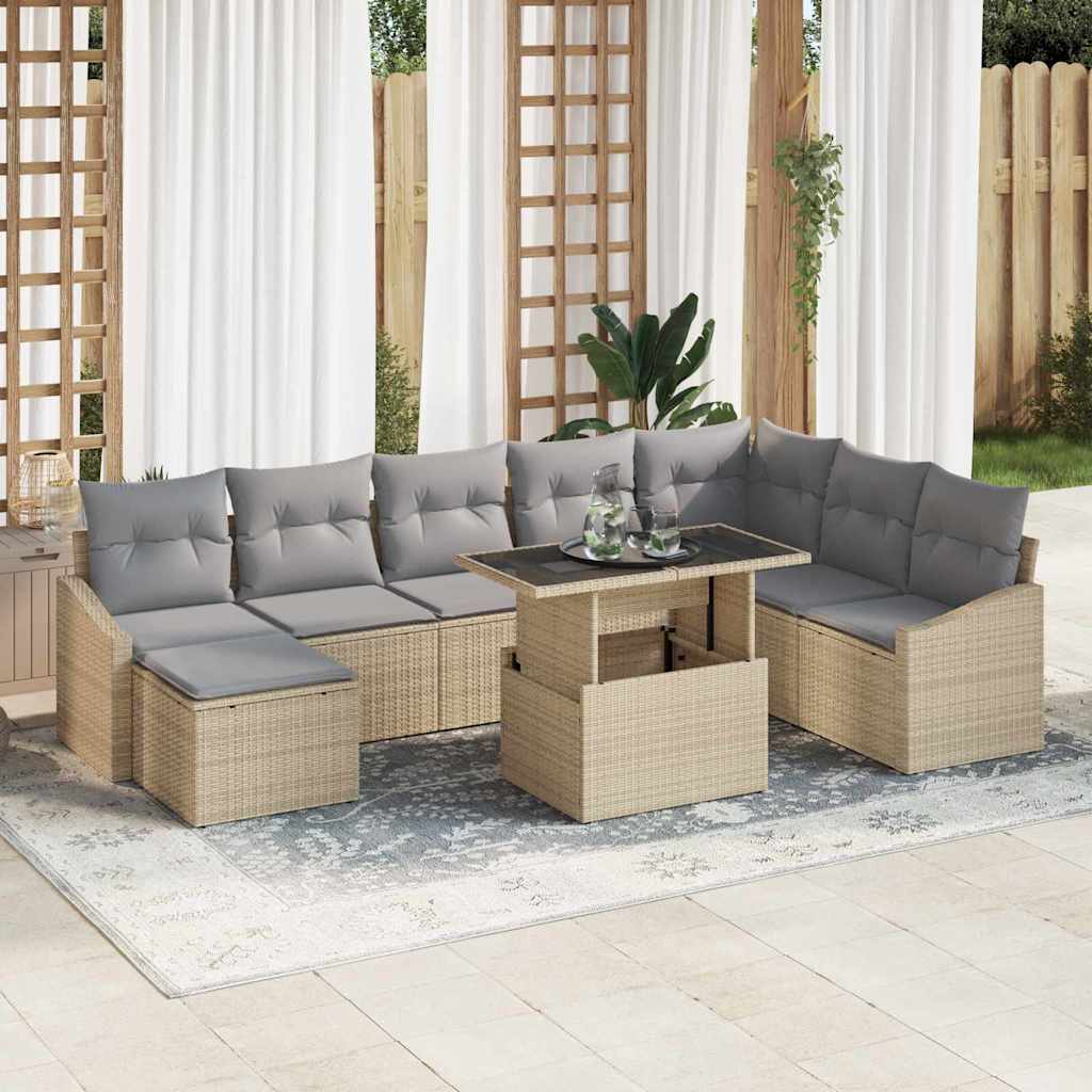 Sofa Set mit Kissen 9 pcs Beige und Hellgrau Poly-Rattan