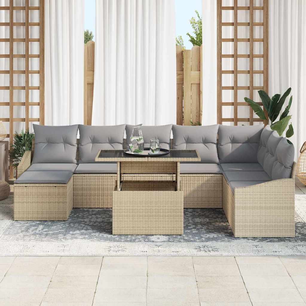 Sofa Set mit Kissen 9 pcs Beige und Hellgrau Poly-Rattan
