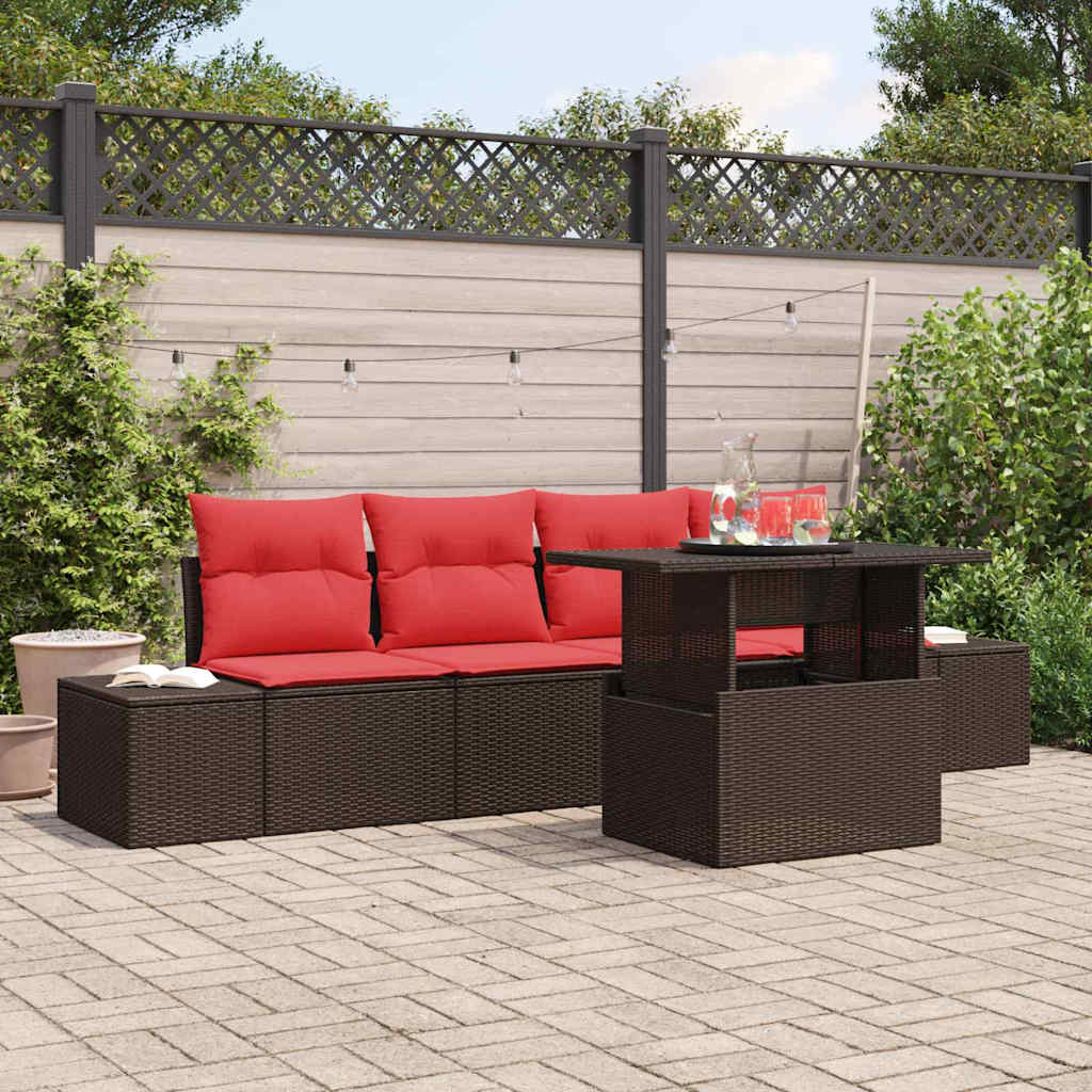 Sofa Set mit Kissen 5 pcs Braun und Rot Poly-Rattan