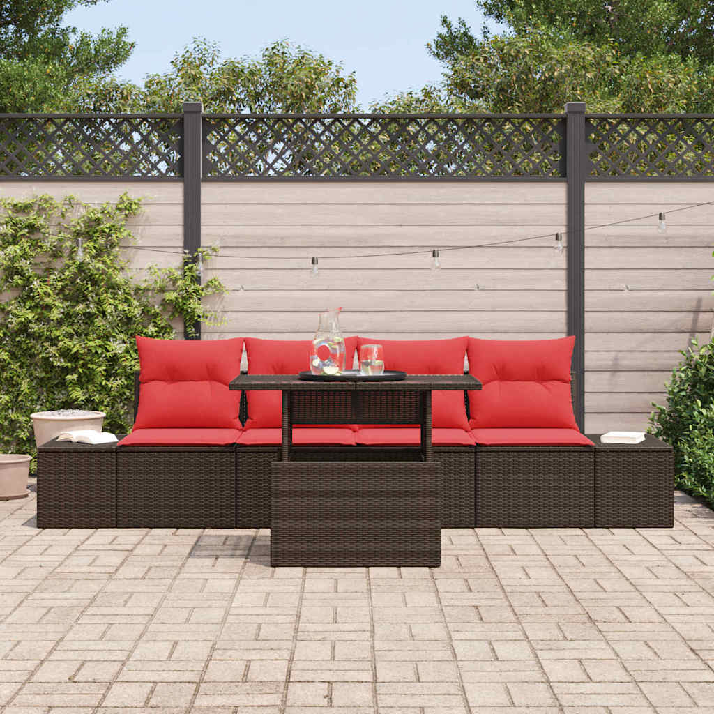 Sofa Set mit Kissen 5 pcs Braun und Rot Poly-Rattan