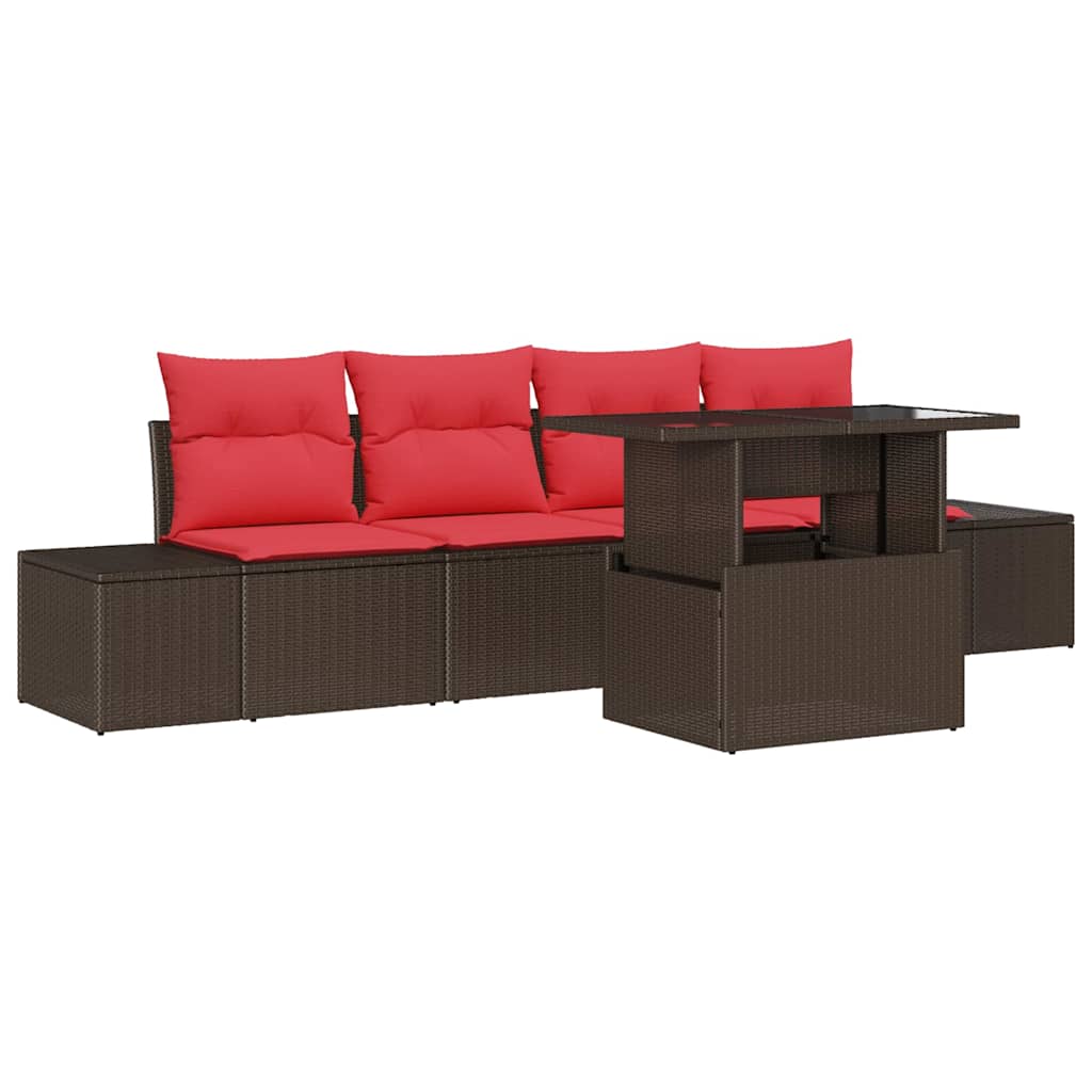Sofa Set mit Kissen 5 pcs Braun und Rot Poly-Rattan