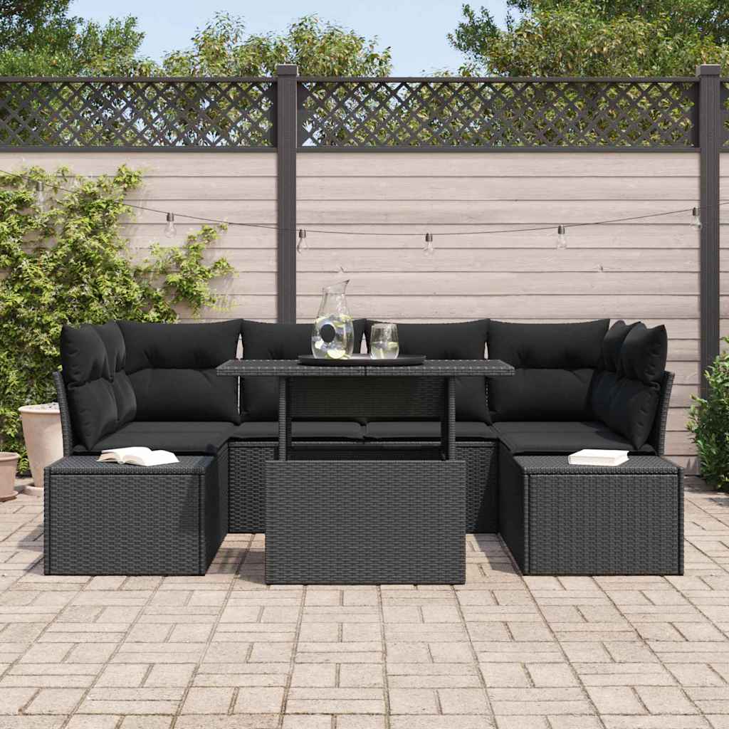 Sofa Set mit Kissen 7 pcs Schwarz Poly-Rattan
