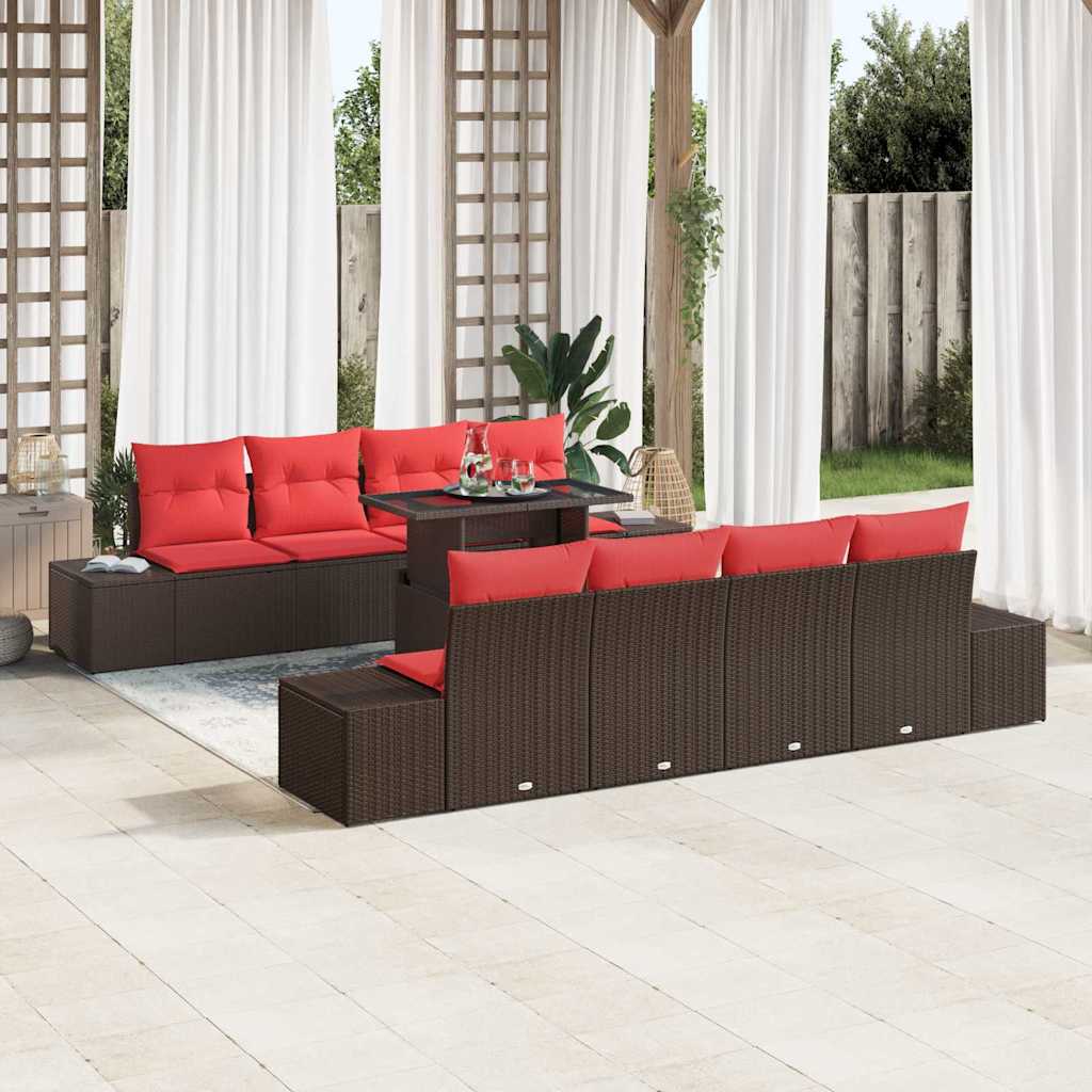 Gartensofa-set mit Kissen 9 pcs Braun und Rot Poly-Rattan