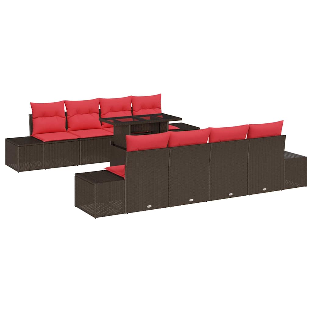 Gartensofa-set mit Kissen 9 pcs Braun und Rot Poly-Rattan