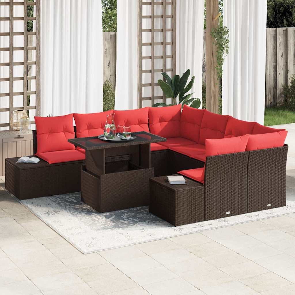Gartensofa-set mit Kissen 9 pcs Braun und Rot Poly-Rattan