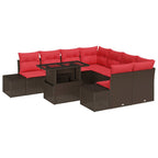 Gartensofa-set mit Kissen 9 pcs Braun und Rot Poly-Rattan