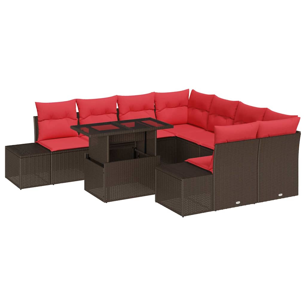 Gartensofa-set mit Kissen 9 pcs Braun und Rot Poly-Rattan