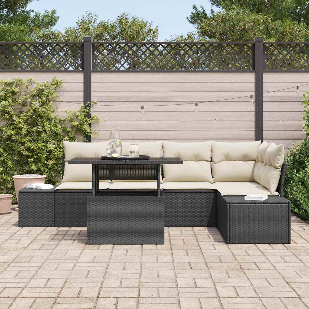 Garten-Sofa-Set mit Kissen 6 pcs Schwarz Poly Rattan