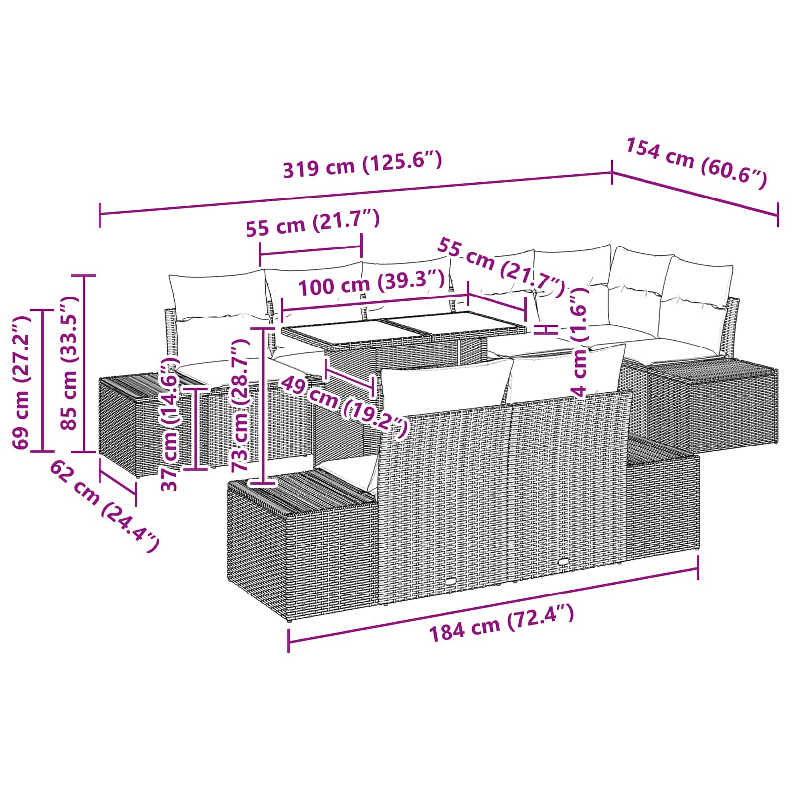 Gartensofa-set mit Kissen 9 pcs Braun und Rot Poly-Rattan