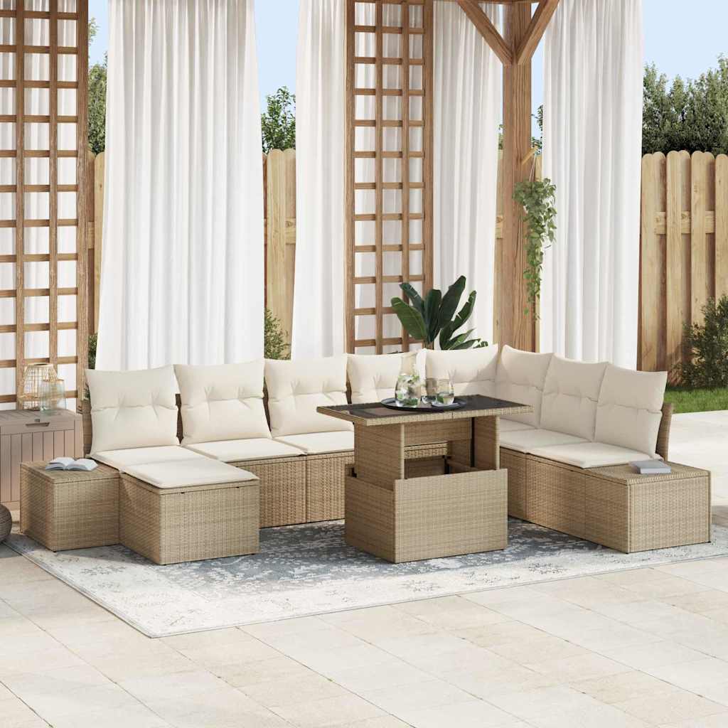 Gartensofa-set mit Kissen 9 pcs Beige und Creme Poly-Rattan