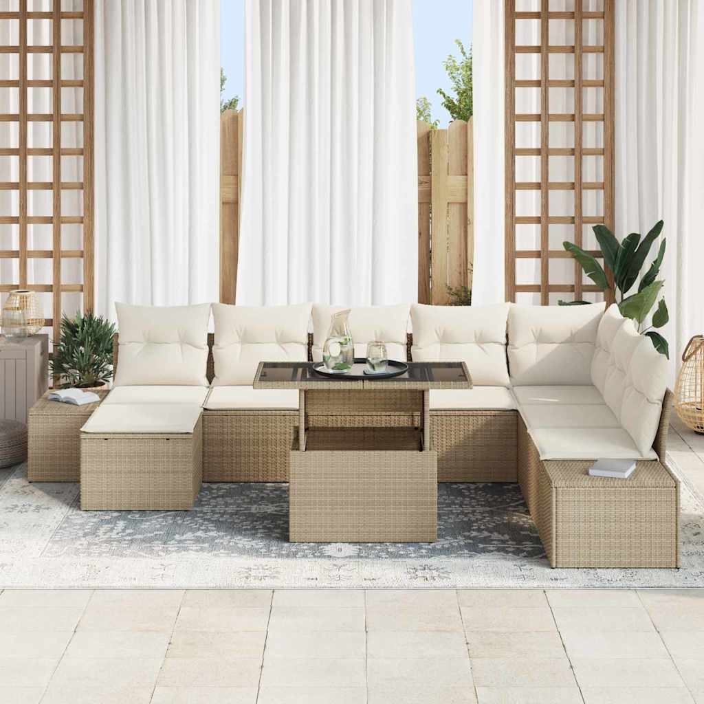 Gartensofa-set mit Kissen 9 pcs Beige und Creme Poly-Rattan