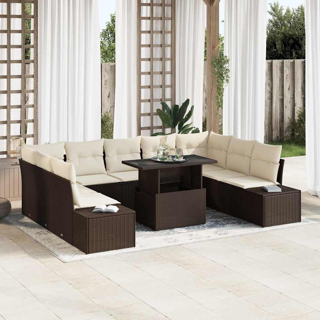 Gartensofa-set mit Kissen 10 pcs Braun und Creme Poly-Rattan