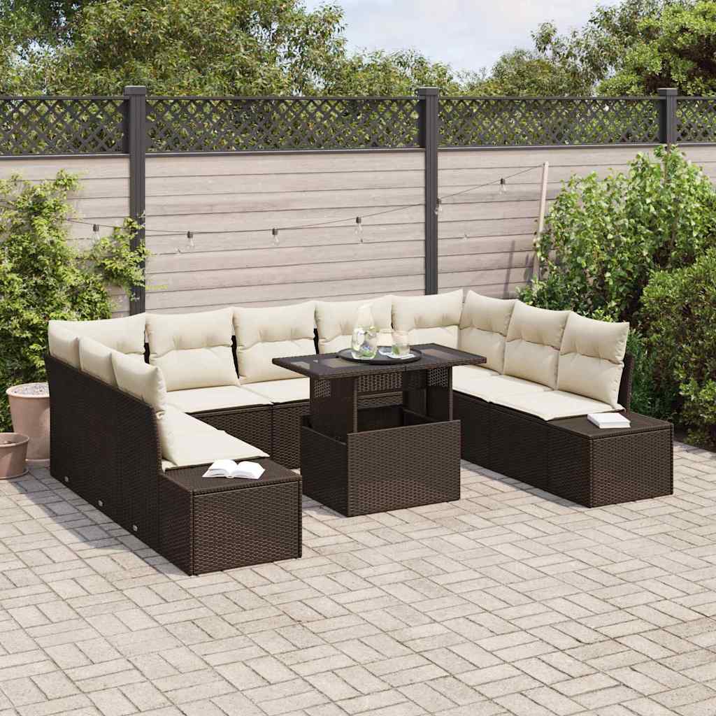 Gartensofa-set mit Kissen 10 pcs Braun und Creme Poly-Rattan
