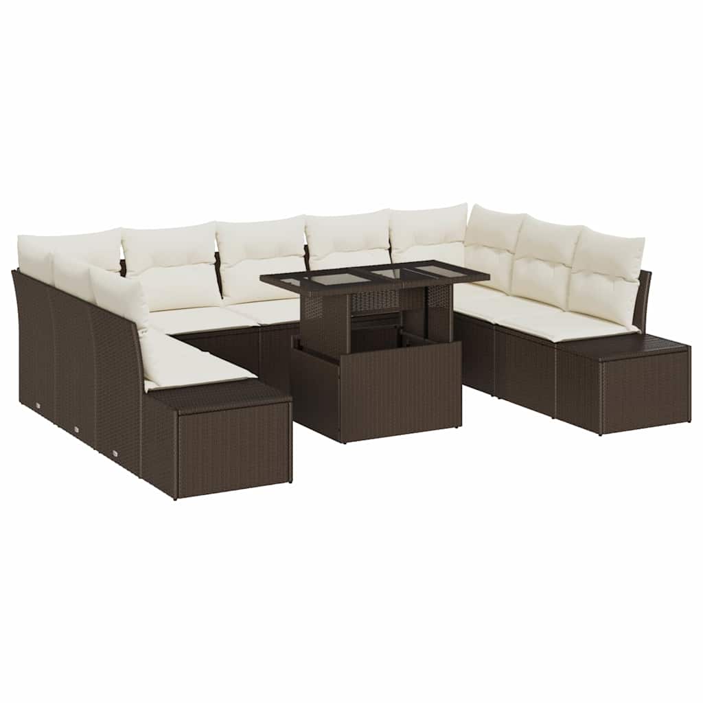 Gartensofa-set mit Kissen 10 pcs Braun und Creme Poly-Rattan