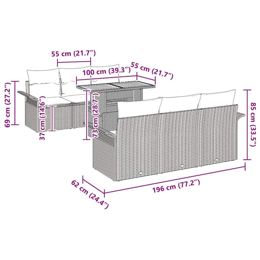 Garten-Sofa-Set mit Kissen 7 pcs Schwarz
