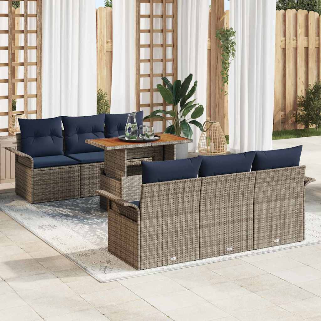 Gartensofa-set mit Kissen 7 pcs Grau und Marineblau Poly-Rattan