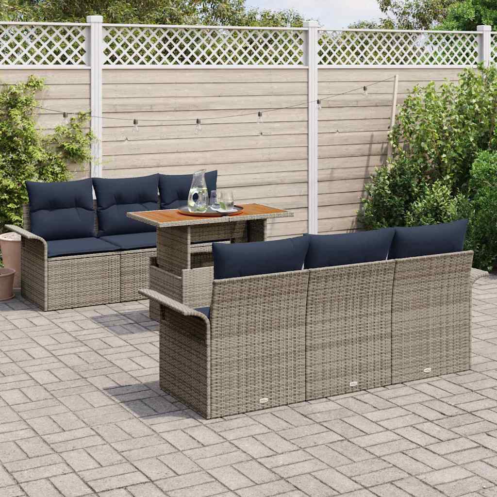 Gartensofa-set mit Kissen 7 pcs Grau und Marineblau Poly-Rattan
