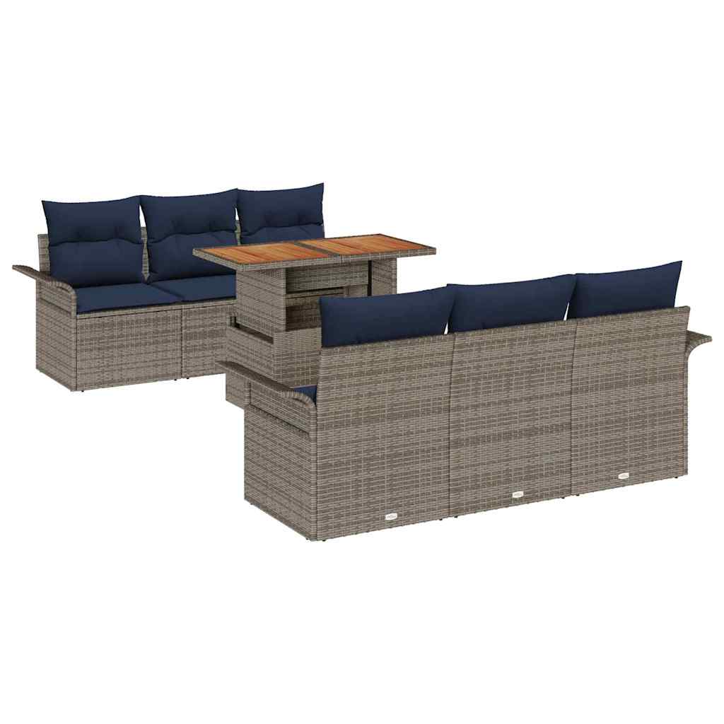 Gartensofa-set mit Kissen 7 pcs Grau und Marineblau Poly-Rattan