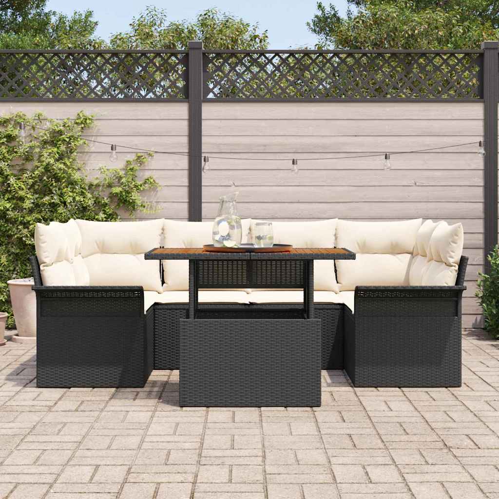 Garten-Sofa-Set mit Kissen 7 pcs Schwarz und Creme
