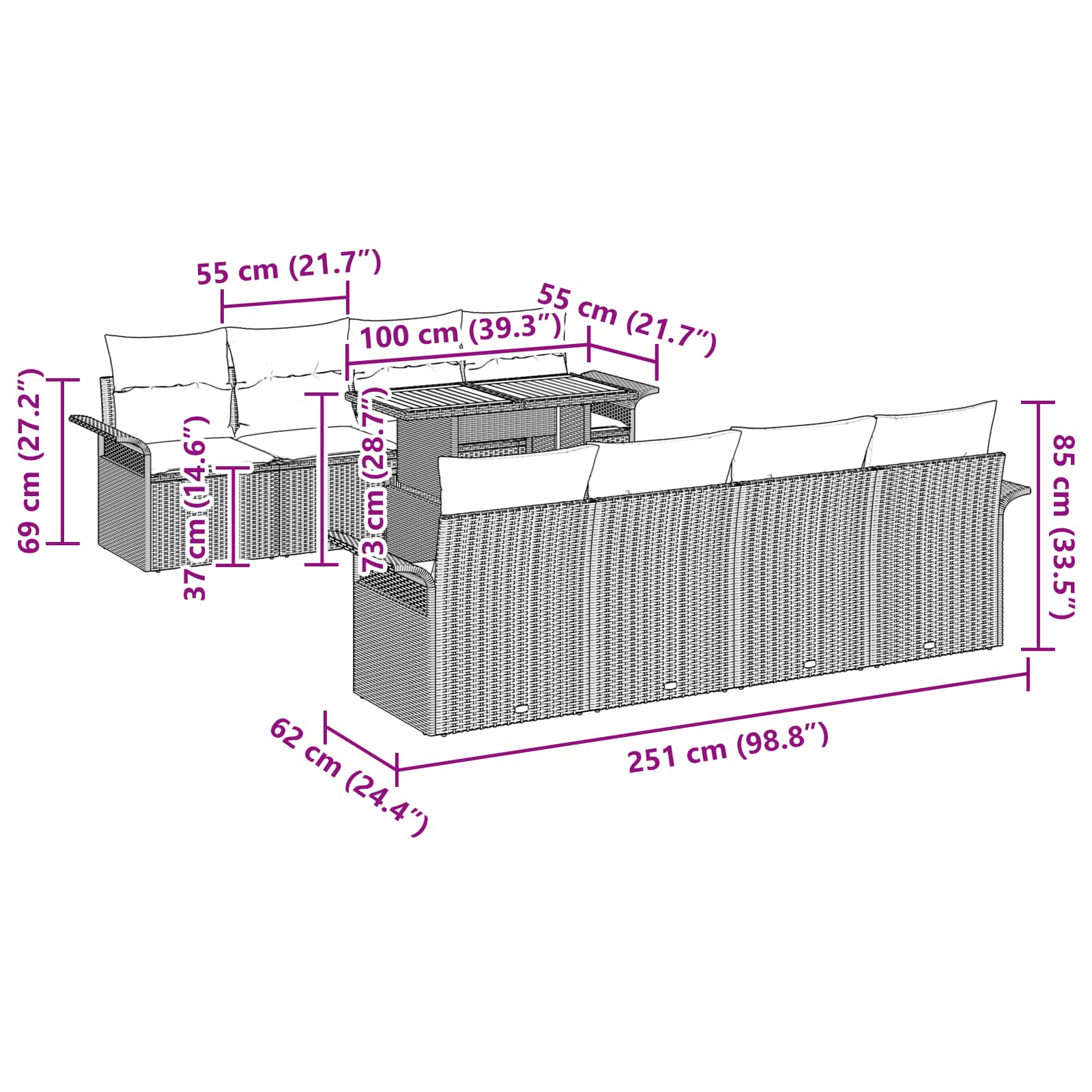Garten-Sofa-Set mit Kissen 7 pcs Schwarz und blau
