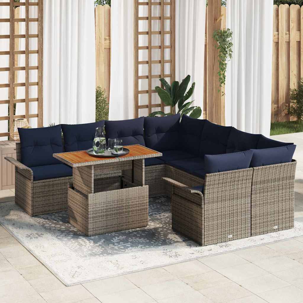 Gartensofa-set mit Kissen 9 pcs Grau und Marineblau Poly-Rattan