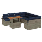Gartensofa-set mit Kissen 9 pcs Grau und Marineblau Poly-Rattan