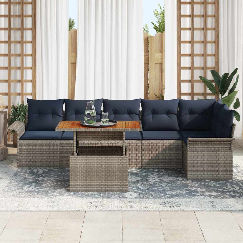 Gartensofa-set mit Kissen 7 pcs Grau und Marineblau Poly-Rattan