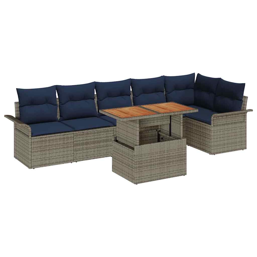 Gartensofa-set mit Kissen 7 pcs Grau und Marineblau Poly-Rattan