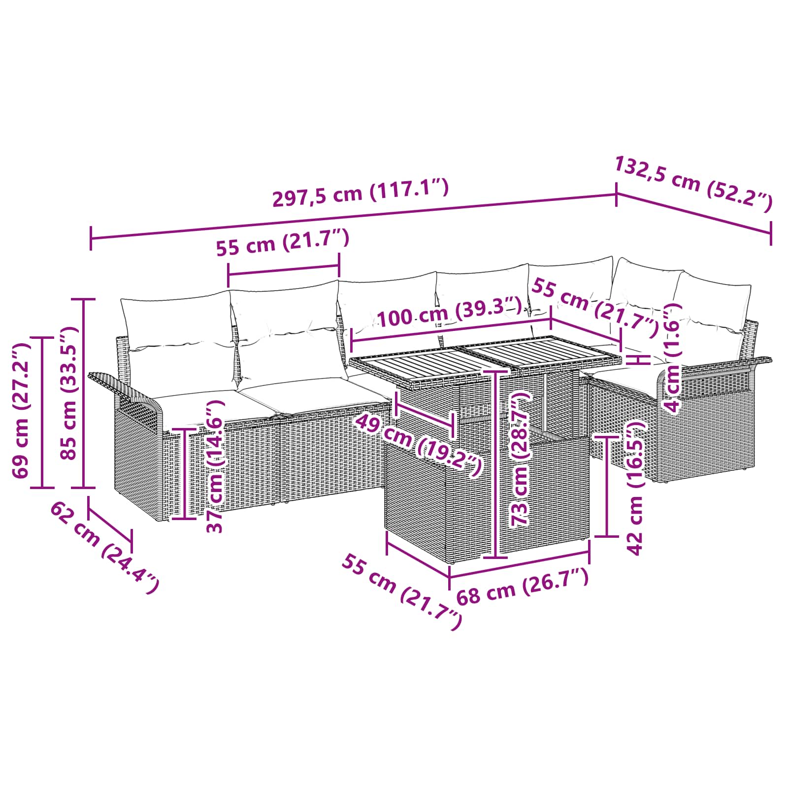 Gartensofa-set mit Kissen 7 pcs Grau und Marineblau Poly-Rattan