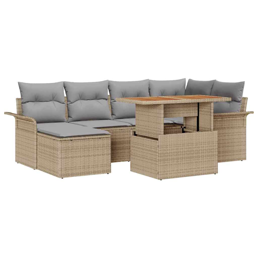 Gartensofa-set mit Kissen 7 pcs Beige und Hellgrau Poly-Rattan