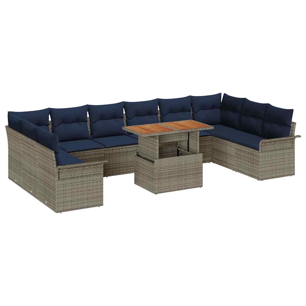Gartensofa-set 11 pcs Grau und Marineblau Poly-Rattan
