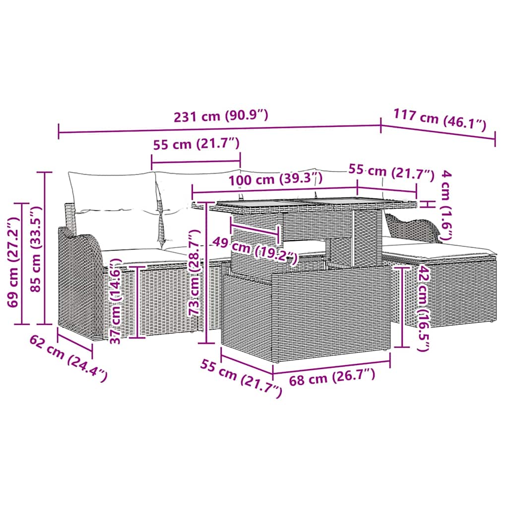 Gartensofa-set mit Kissen 6 pcs Schwarz Poly-Rattan
