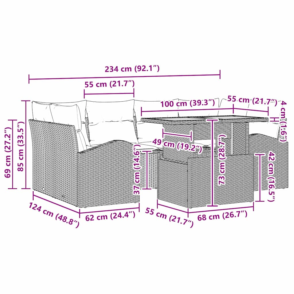 Garten-Sofa-Set mit Kissen 7 pcs Schwarz und Creme