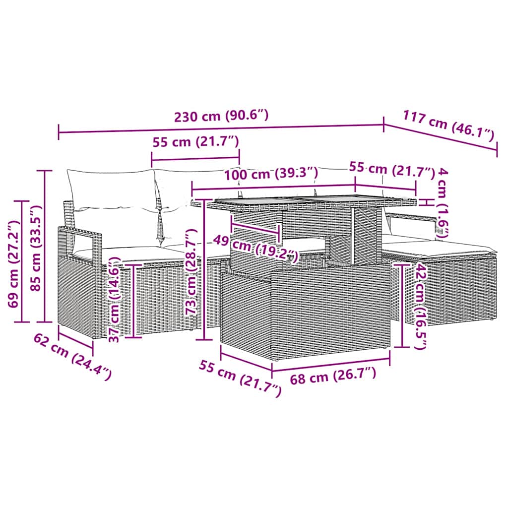 Garten Essgruppe mit Kissen 6 pcs Beige und Grau