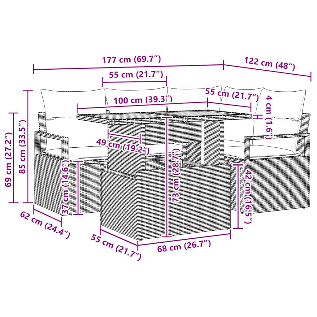 Garten Essgruppe mit Kissen 5 pcs Schwarz und Braun