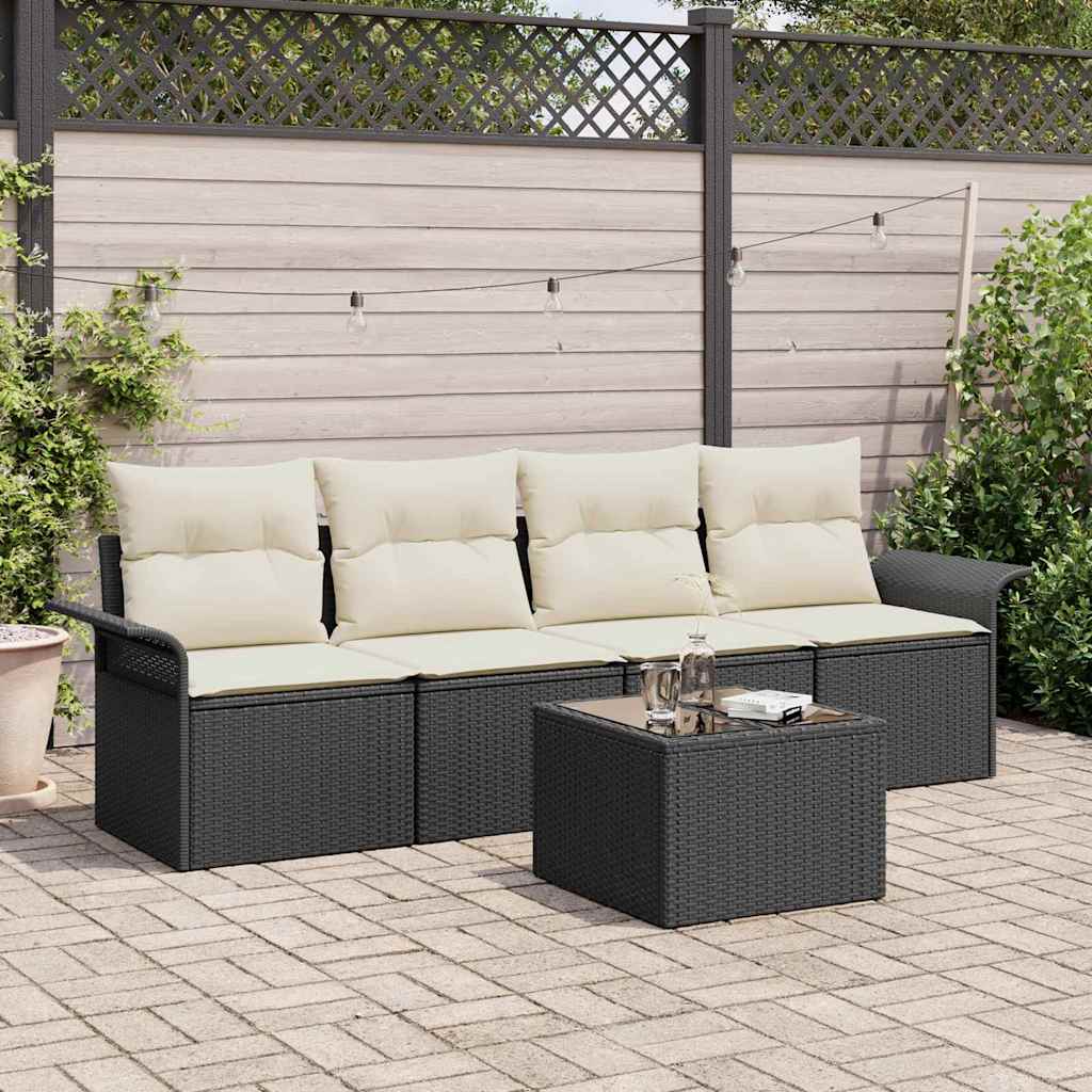 Gartensofa-set mit Kissen 5 pcs Schwarz und Creme Poly-Rattan