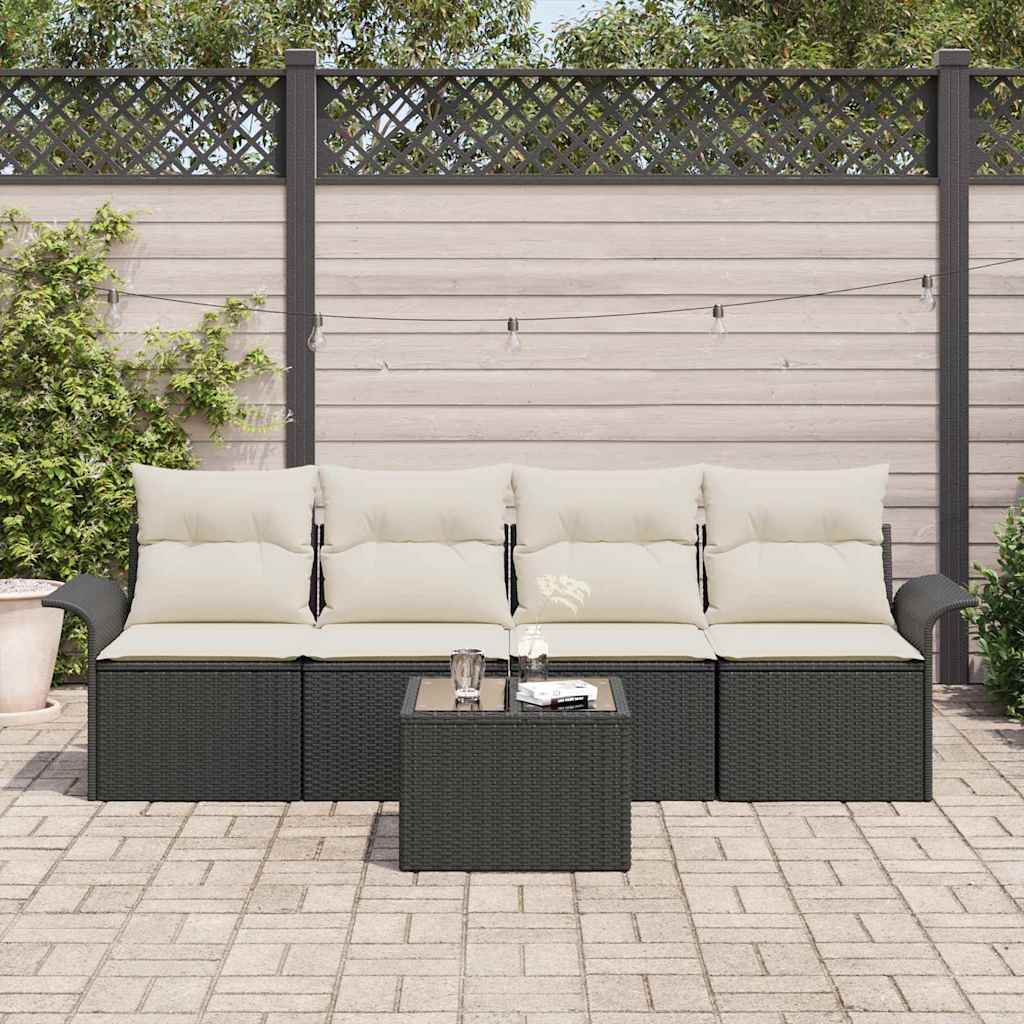 Gartensofa-set mit Kissen 5 pcs Schwarz und Creme Poly-Rattan