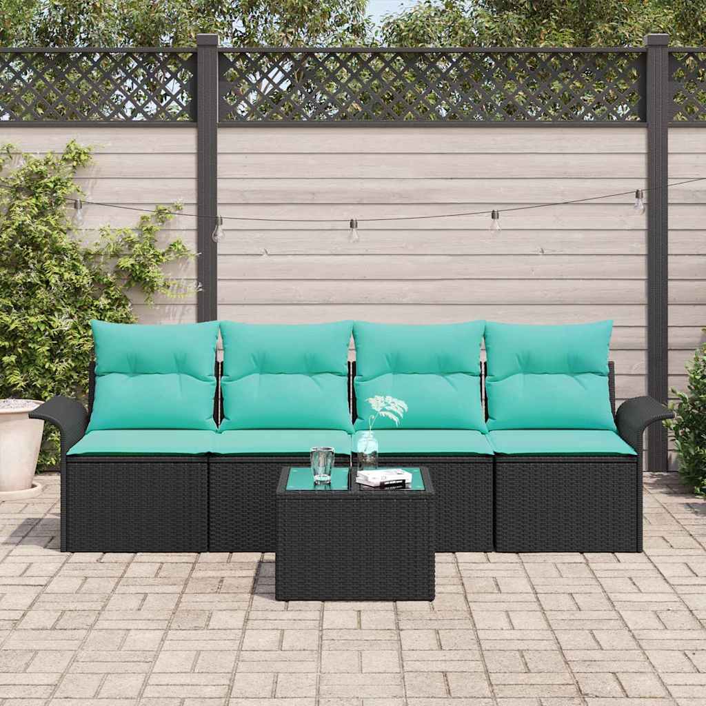 Gartensofa-set mit Kissen 5 pcs Schwarz und Türkis Poly-Rattan