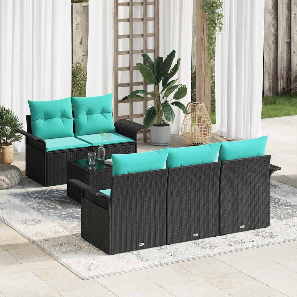 Gartensofa-set mit Kissen 6 pcs Schwarz und Türkis Poly-Rattan